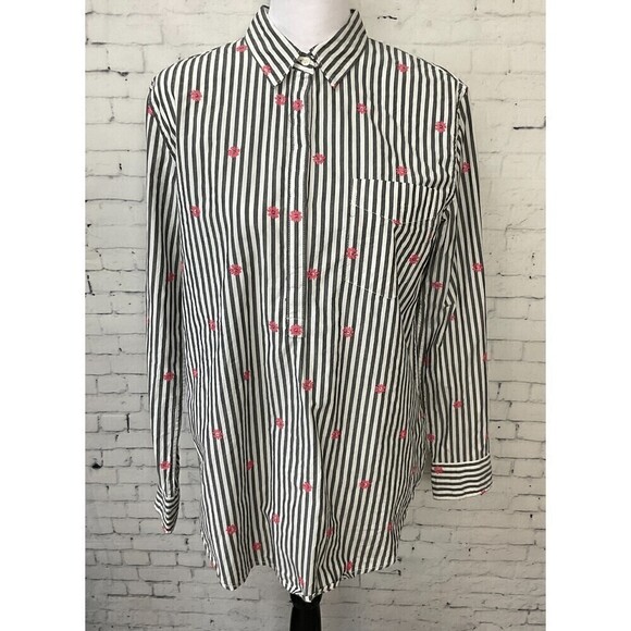 Gap Women Button Up Shirt Gray White Pink Daisy Long Sleeve Classic Fit … - Picture 3 of 12